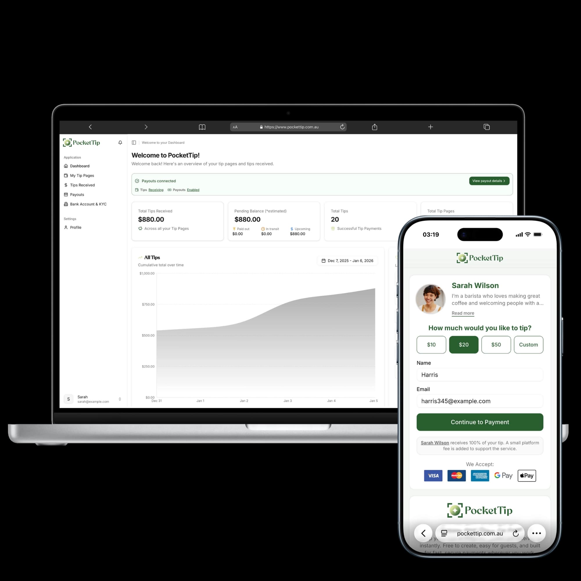 PocketTip dashboard showing tips and payouts